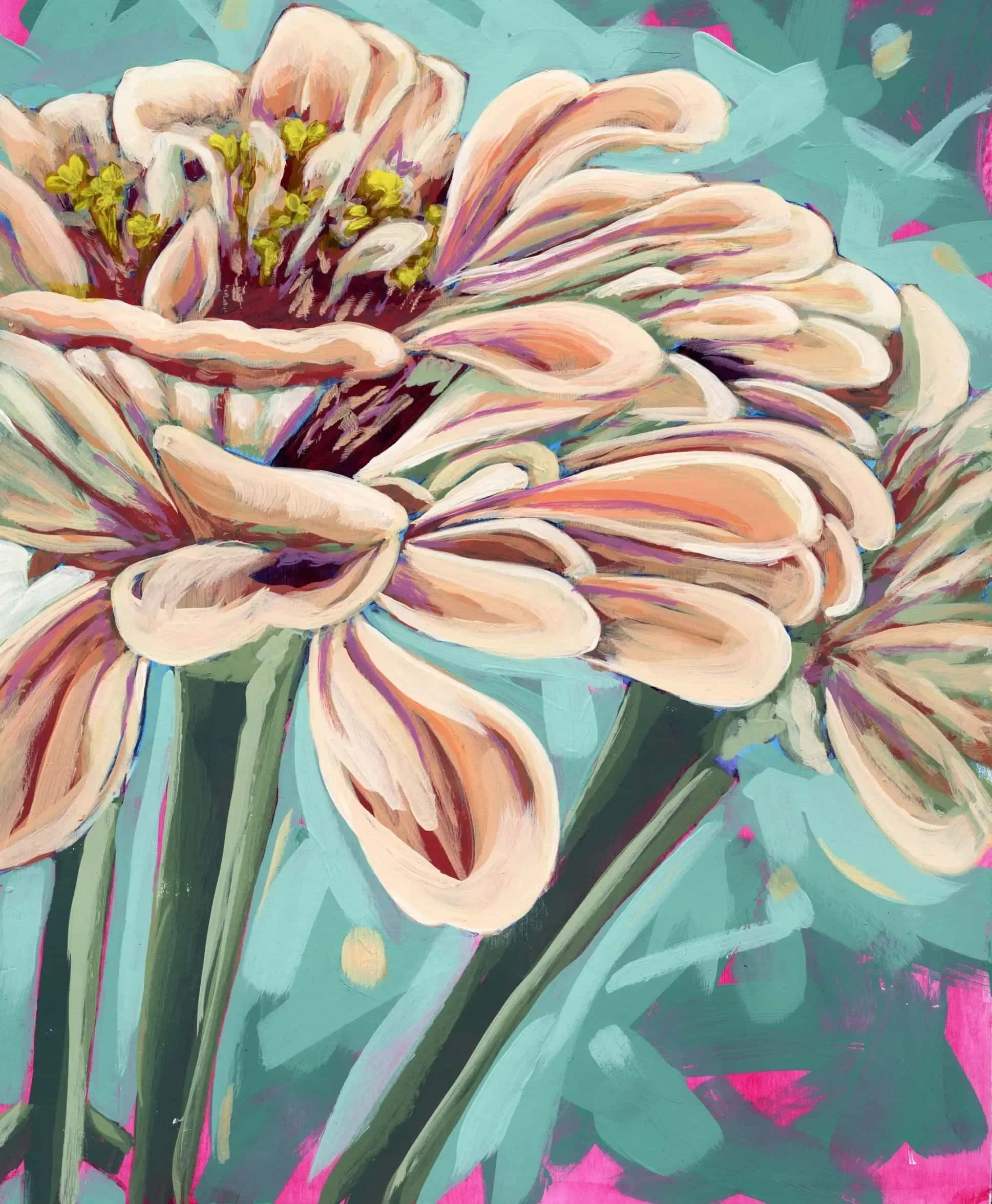 Close-up impressionist painting of a blooming zinnia flower