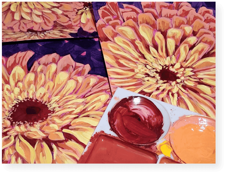 An impressionistic floral painting in progress, showcased with artist paintbrushes and acrylic paints in the 'My Process' section.
